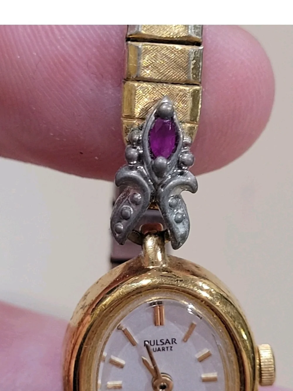 Vintage Pulsar Gold Tone Women's Watch with Purple Gem Accents